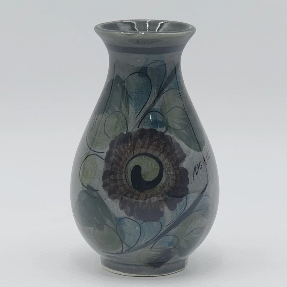 Vintage Mexican Tonala Style Pottery Vase Hand Painted Floral Signed Mexico